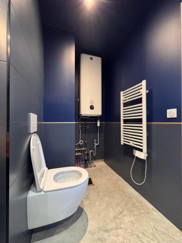 a bathroom with a toilet and a blue wall at Studio Céleste - Clim - Parking gratuit - Proche CNPE Blayais in Braud-et-Saint-Louis