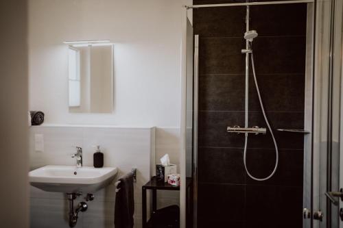a bathroom with a shower and a sink at Rheinwald in Weisweil