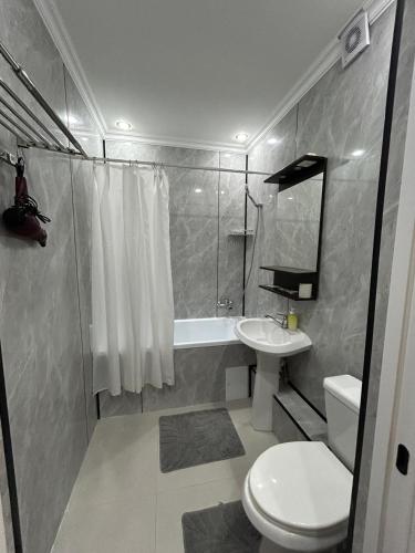 a bathroom with a toilet and a sink and a shower at Жастар in Astana