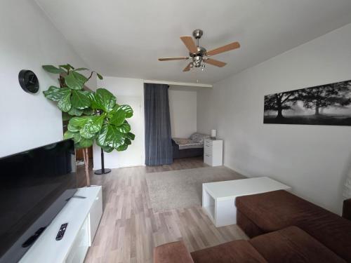 a living room with a couch and a ceiling fan at Linnankatu Apartment in Savonlinna