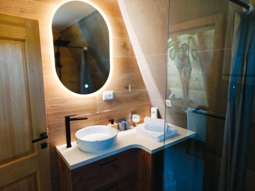 a bathroom with a sink and a mirror at Wolf Ridge Mountain Cabin Montenegro in Plužine