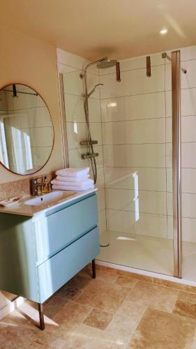 a bathroom with a sink and a shower with a mirror at Les Prés du Manoir in Le Manoir