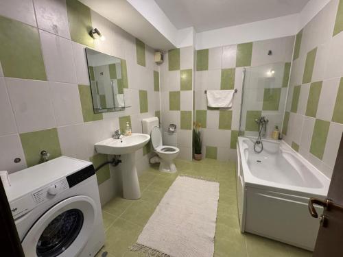 a bathroom with a washer and a washing machine in it at Dream City Center in Piteşti
