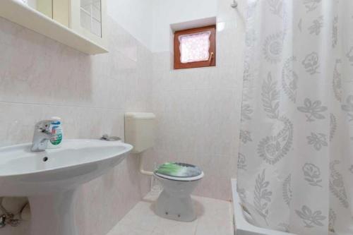 a bathroom with a sink and a toilet and a shower curtain at Apartman Perka in Valbandon
