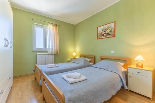 two beds in a room with green walls at Villa Andretti in Gračišće