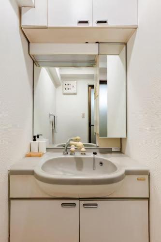a bathroom with a sink and a mirror at Cozy Japandi 3LDK in Namba for Groups in Osaka