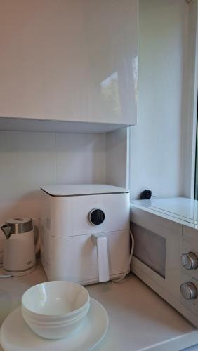 a white kitchen with a plate on a counter at Border Madise Apartment, Madise tn 8, Apt 7, Narva in Narva