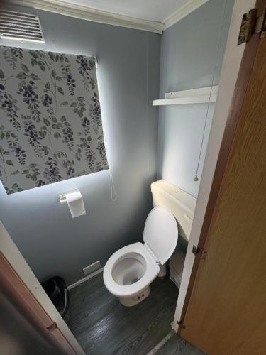 a small bathroom with a toilet and a curtain at 137 sealands, 3 bed, 8 berth caravan hire, ingoldmells, skegness recently modernised in Ingoldmells