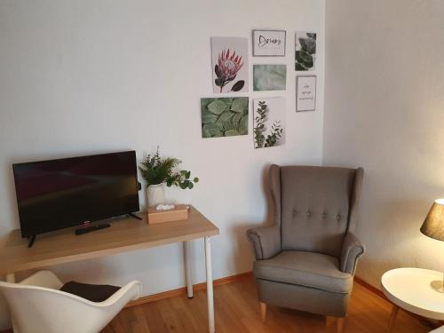 ein Wohnzimmer mit Fernseher und Sessel in der Unterkunft Grüner Baum in Neckargerach