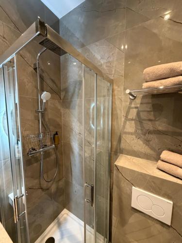 a shower with a glass door in a bathroom at Hôtel Parisien in Nice