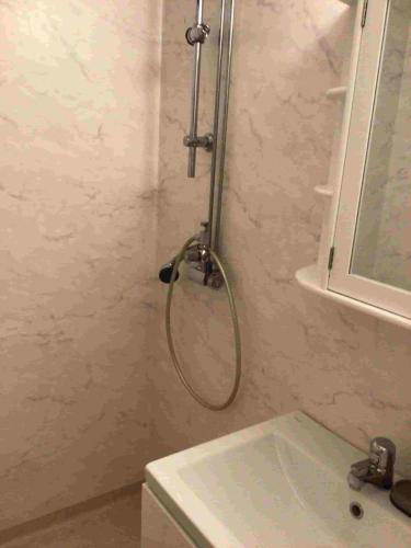 a shower in a bathroom with a sink at Bagarstugan in Älvdalen