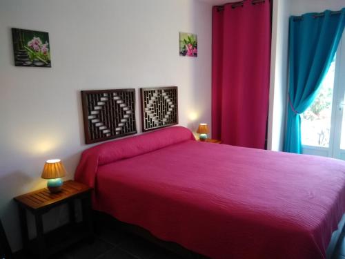 a bedroom with a pink bed and a window at Chez Nat et JC in Eccica-Suarella