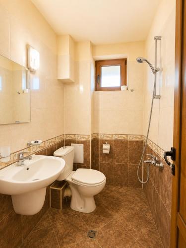 a bathroom with a toilet and a sink and a shower at Комплекс Сборяна in Gramatikovo