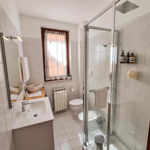 a bathroom with a shower and a toilet and a sink at Casa Stella in Sarnano