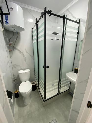 a bathroom with a toilet and a glass shower at SF Residence in Bosteri