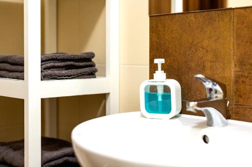 a bathroom with a sink with a soap dispenser on it at Gospodarstwo nad jeziorem in Załom