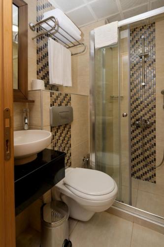 a bathroom with a toilet and a sink and a shower at Pera Arya Hotel in Istanbul