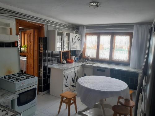 a small kitchen with a table and a stove at Stary Bór in Murzasichle