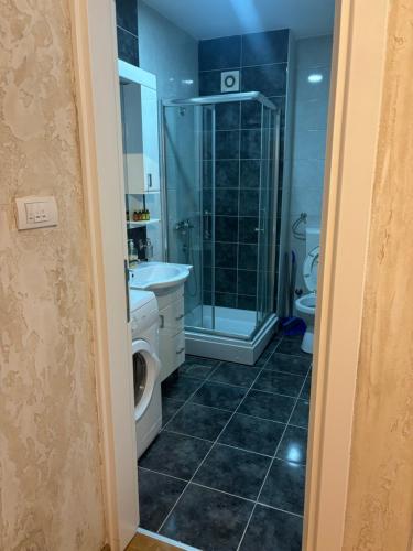 a bathroom with a shower and a sink and a toilet at Vanila Ub in Ub