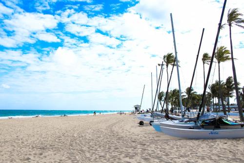 a row of boats on a beach with palm trees at B Ocean Resort Fort Lauderdale Beach in Fort Lauderdale