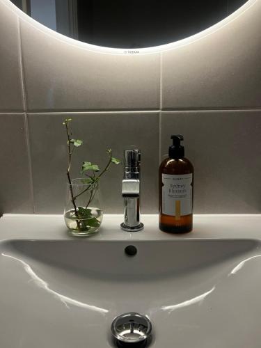 a bathroom sink with a bottle of soap and a vase at Perfect cosy living in Stockholm