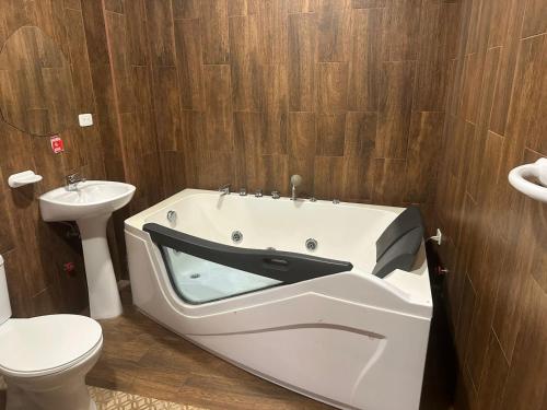 a bathroom with a bath tub with a whale face on it at Hostal NIZZA in Cuenca