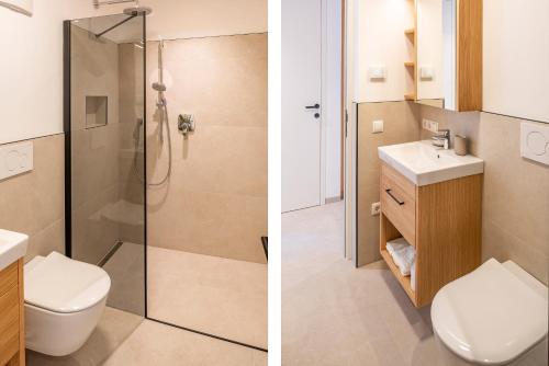two pictures of a bathroom with a toilet and a shower at The Penthouse Bardolino in Bardolino