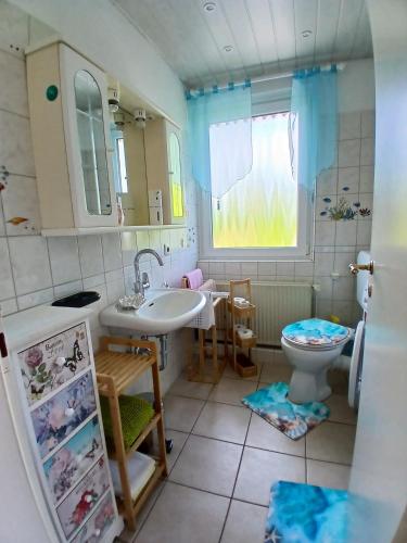 a small bathroom with a sink and a toilet at Ferienwohnung Lenhardt in Barkenholm
