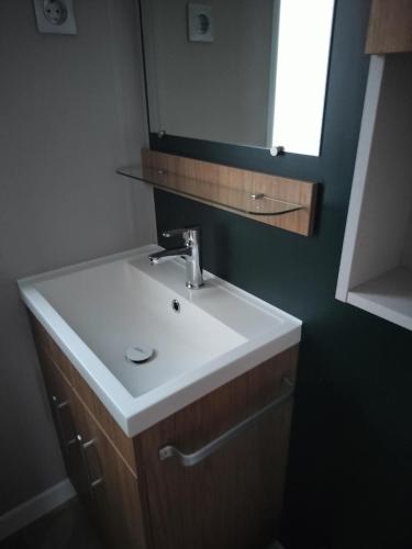 a bathroom with a white sink and a mirror at Bienvenue chez Diamina et Patrick in La Tremblade
