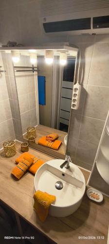 a bathroom with a sink and a mirror at Studio 4 personnes au Cap-d'Agde in Agde