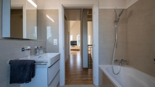 a bathroom with a tub and a sink and a shower at Swiss Suites Oberglatt in Oberglatt