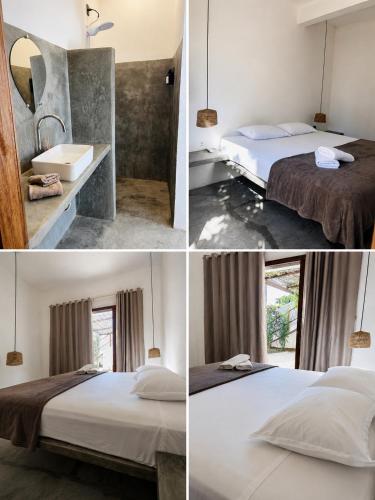 four different pictures of a bedroom with two beds and a sink at Maré alta in Guriú