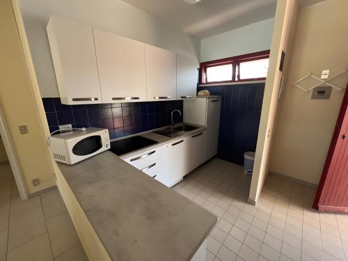 a small kitchen with a sink and a microwave at Casa vacanze Heidi con piscina in Marina di Bibbona