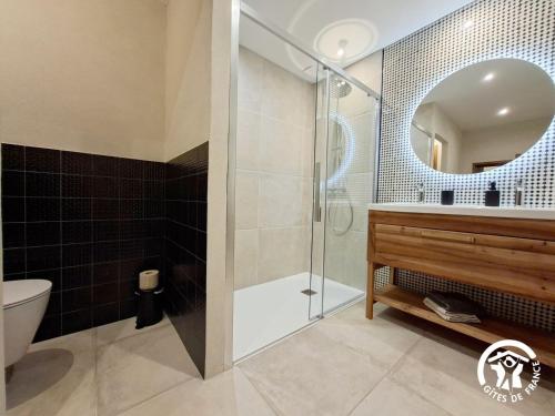 a bathroom with a shower and a sink and a mirror at Brasserie du Goutté in Roquefort