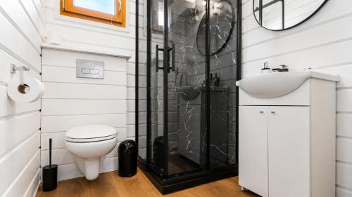 a bathroom with a shower and a toilet and a sink at Mielenko Domki Wakacyjny Raj in Mielenko