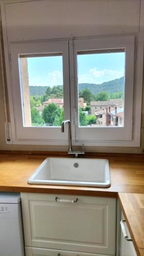 a kitchen with a sink and two windows at Cal NEN PAU in Sant Boi de Lluçanès