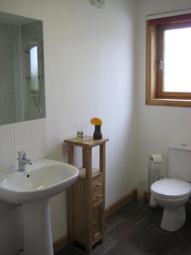 een badkamer met een wastafel en een toilet bij Fishers Croft in Hamnavoe