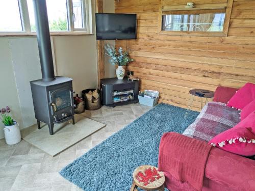 a living room with a couch and a stove at Cowlas in Aberhosan