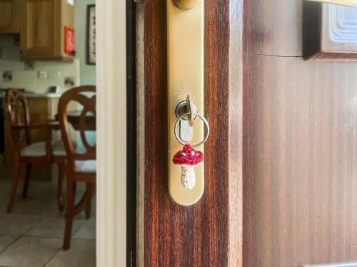a door knob with a key chain on a door at Mushroom Cottage in Ferndale