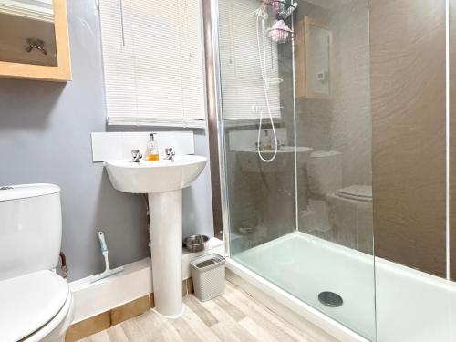 a bathroom with a shower and a sink and a toilet at No 1 The Martins in Southwold