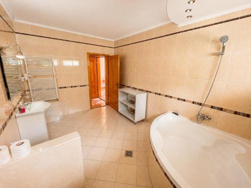 a bathroom with a tub and a toilet and a sink at Spring Apartments in Gheorgheni