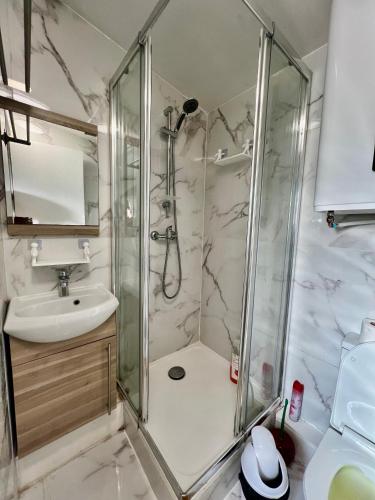 a bathroom with a shower and a sink at Chemin de fer adorable appartement in Gagny