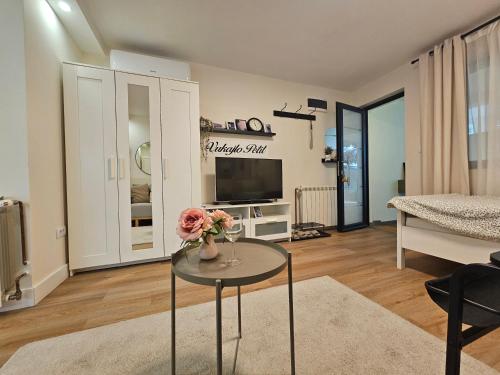 a living room with a vase of flowers on a table at Vukajlo Petit in Belgrade