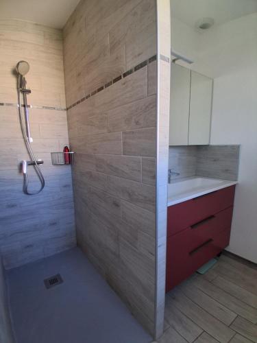a bathroom with a shower and a sink at Maison avec piscine in Cessenon