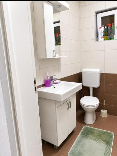 a bathroom with a white sink and a toilet at Breti's GuestHouse in Vusanje