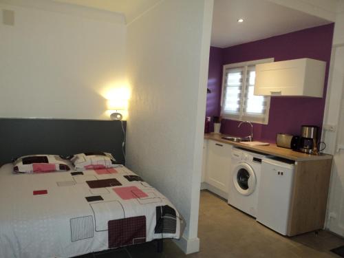 a bedroom with a bed and a washing machine at Vllla Reva in Argelès-sur-Mer