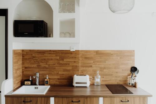 a kitchen with a counter with a sink and a microwave at Suite Katalanos & Spa in Le Barcarès
