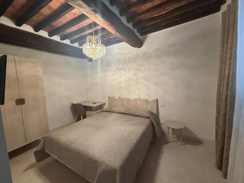 a bedroom with a bed and a chandelier at b&b K2R in Chiusdino