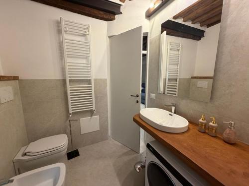 a bathroom with a toilet and a sink and a mirror at b&b K2R in Chiusdino