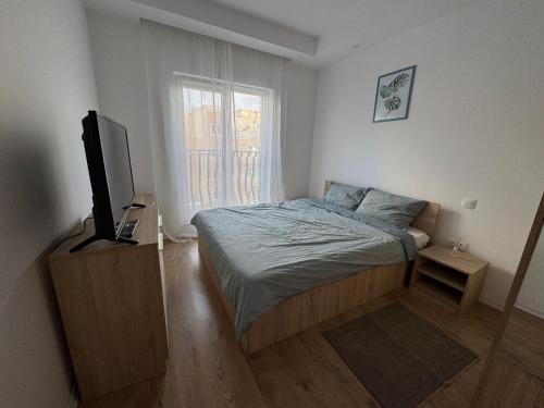 a bedroom with a bed and a flat screen tv at Studio Apartament Cosmopolis P3B in Ştefăneştii de Sus